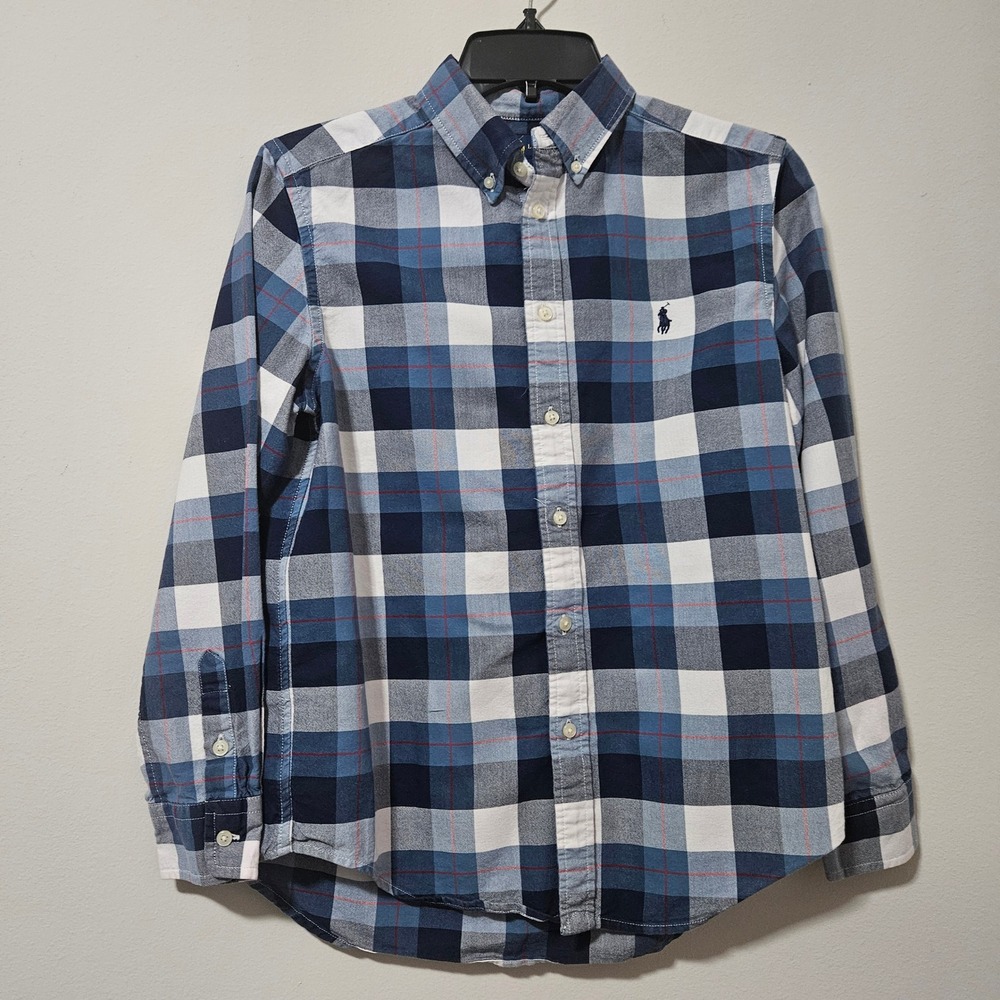 Ralph Lauren Boys Blue White Plaid Button Down Shirt Size Large 14-16 L/G Pony